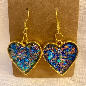 Valentine Heart Blue and Gold Dangle Earrings